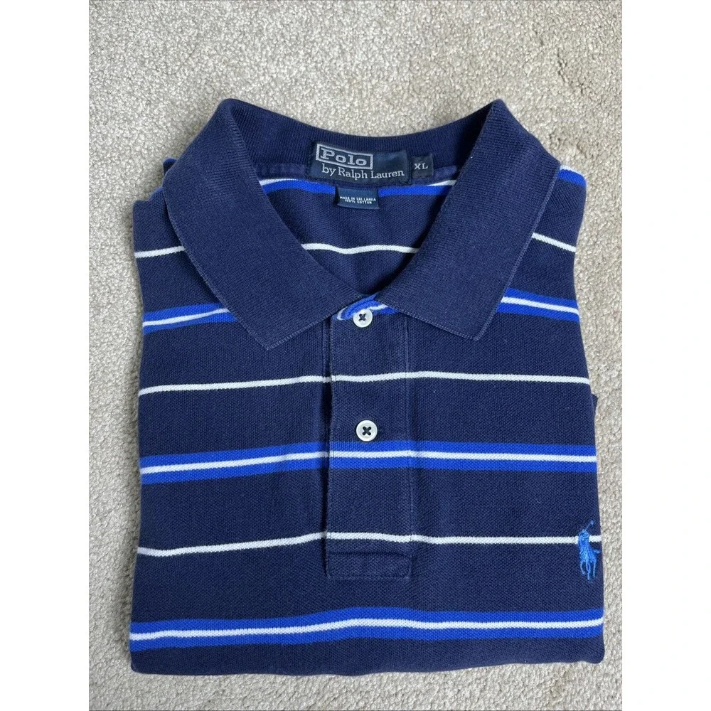 VTG 90s Y2K Polo Ralph Lauren Men's XL Polo Shirt Navy Blue Striped Short Sleeve